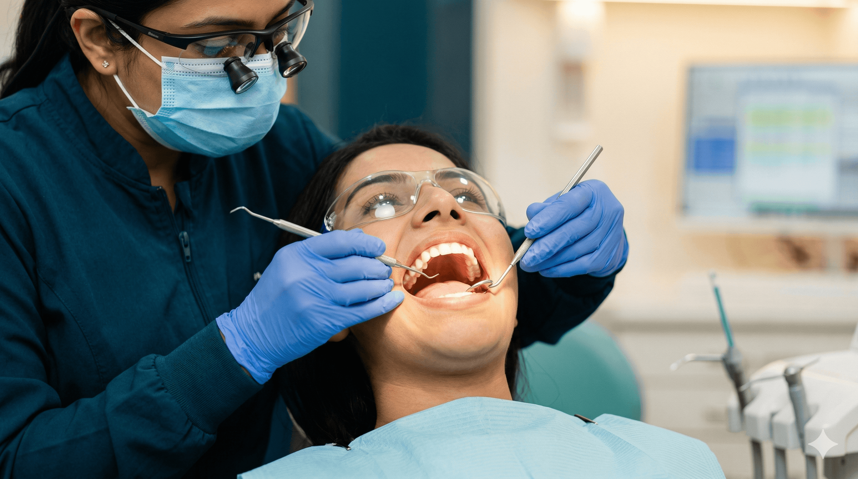 Dentist performing a routine dental check-up and cleaning